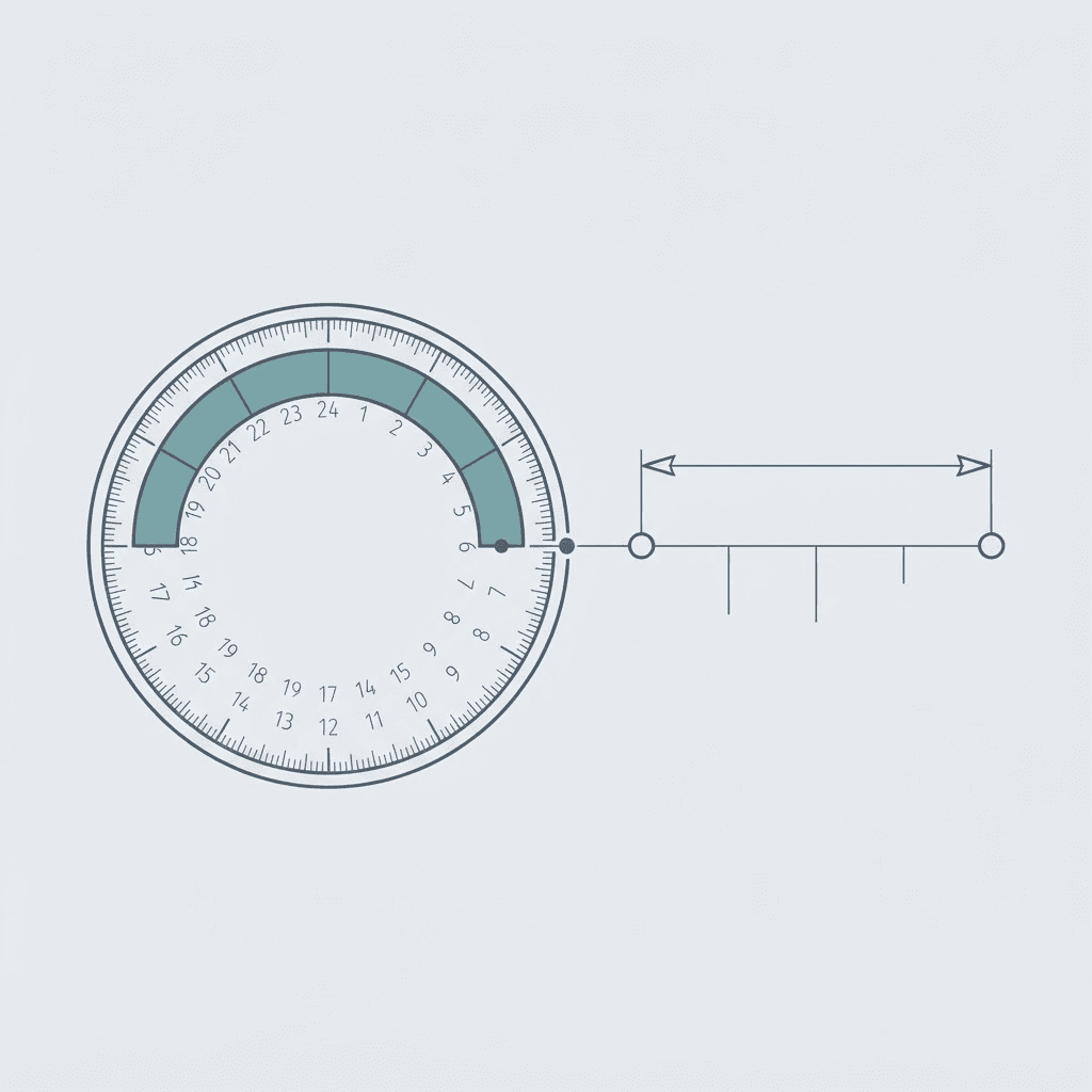 Schematic of a 24-hour dial with a night arc swept across its upper rim, divided into five cycle segments, beside a dimension line spanning two marked times.