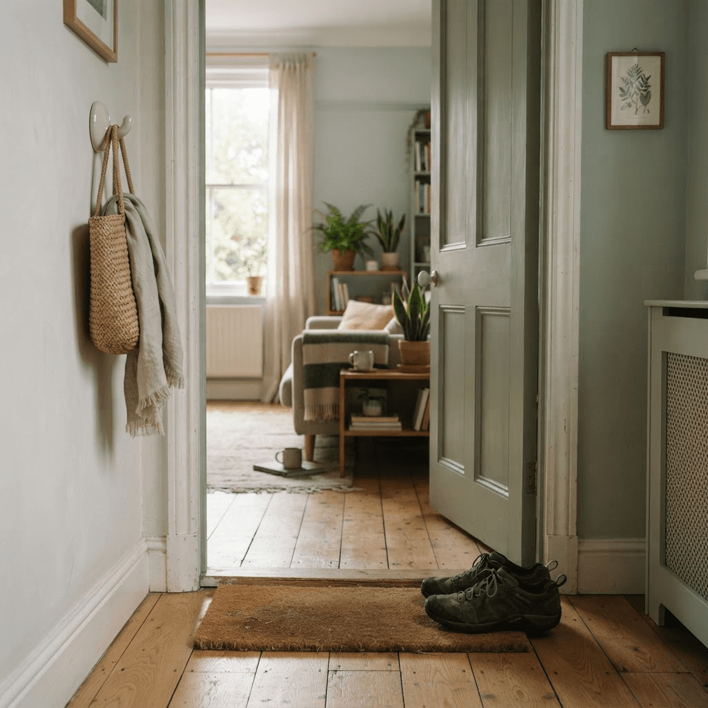 Walking shoes beside an open doorway in soft early morning daylight