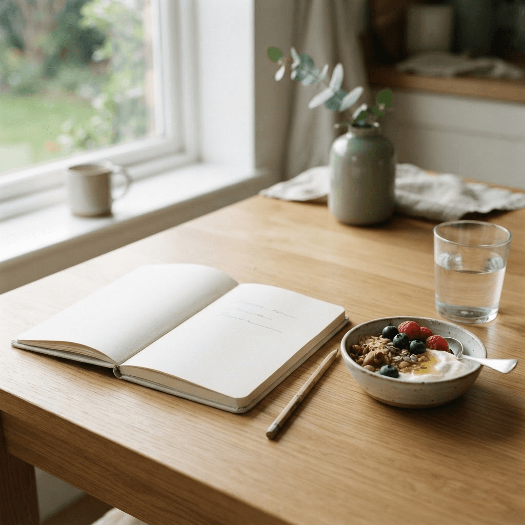 A simple paper plan, pencil and breakfast on a morning kitchen table