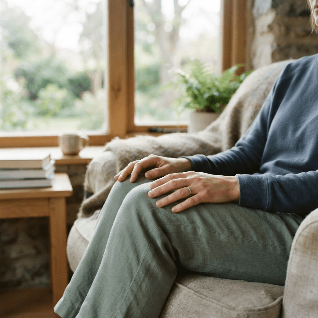 Relaxed hands resting on the knees during a quiet breathing practice by a window
