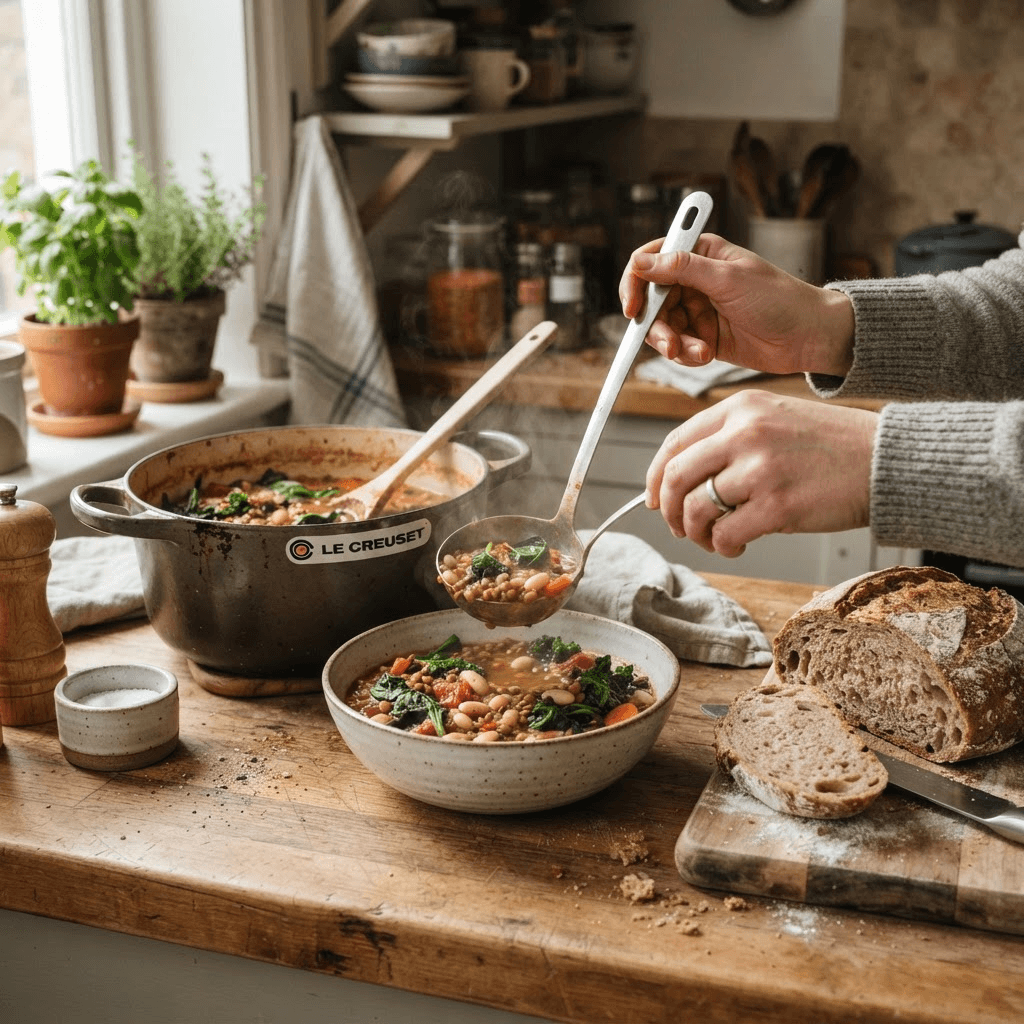 Lentil and white bean tomato stew with leafy greens and whole-grain bread