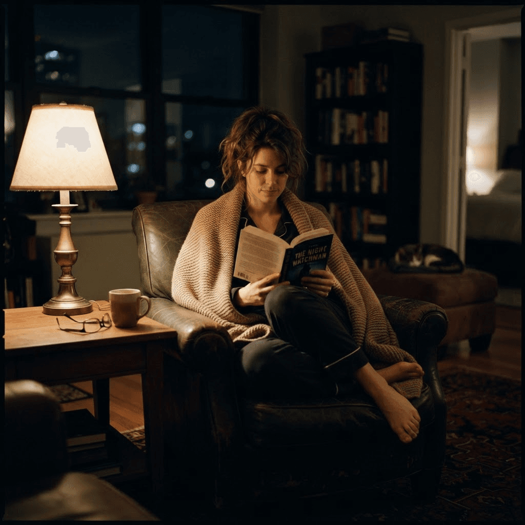 Person wrapped in a blanket reading a book in an armchair under a soft warm lamp late at night after getting out of bed because they could not fall asleep