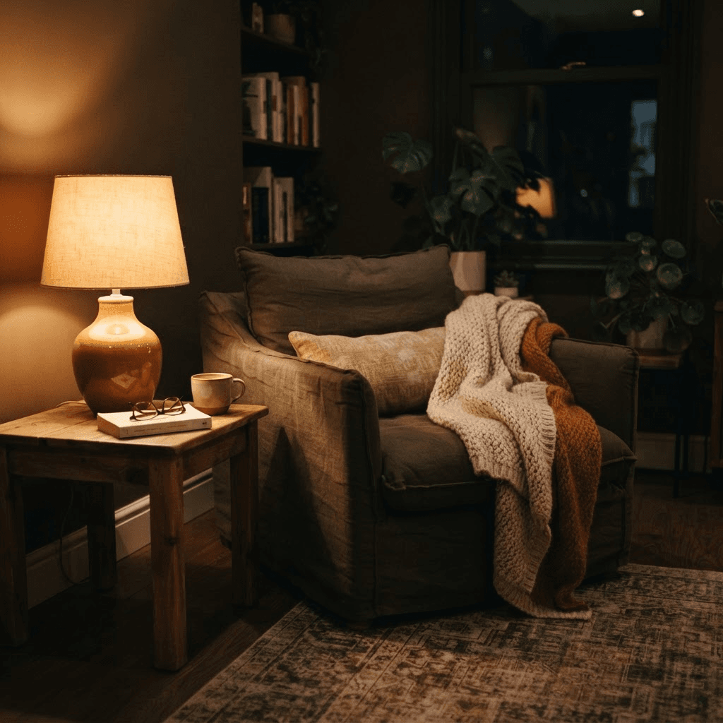 Warmly lit living room in the evening with a single dimmed table lamp and overhead lights off, creating a calm low-light atmosphere for winding down before bed