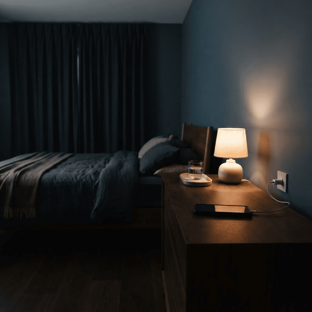 Tidy dark bedroom at night with a smartphone charging face-down on a dresser across the room away from the bed and a soft warm lamp glowing