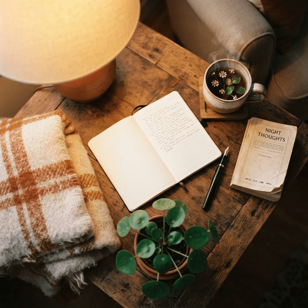Warm evening flat-lay of calming wind-down activities on a wooden table including an open journal and pen, a mug of herbal tea, a folded blanket and a paperback book