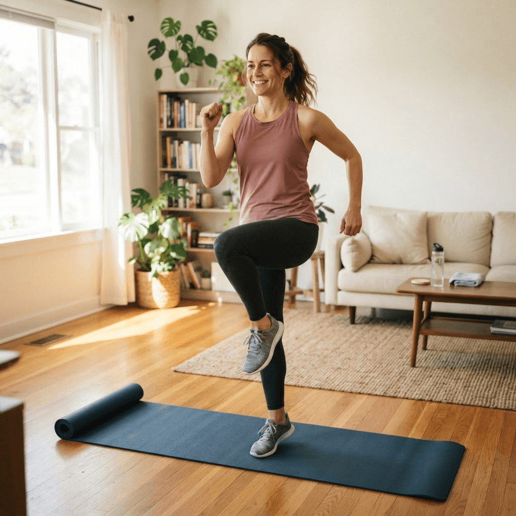Beginner performing a controlled high-knee march during a dynamic warm-up at home