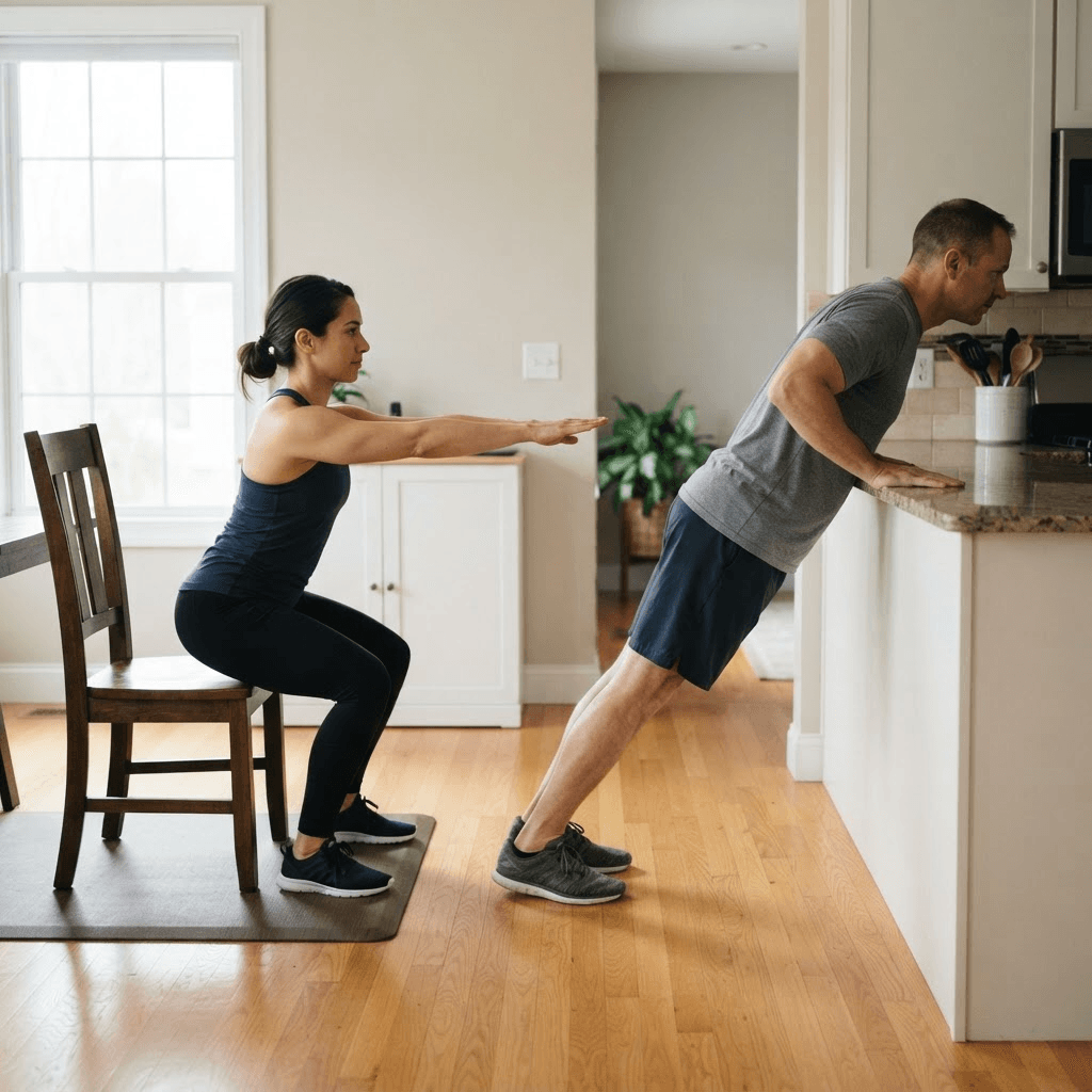 Beginners demonstrating a chair squat and an incline push-up with controlled alignment at home