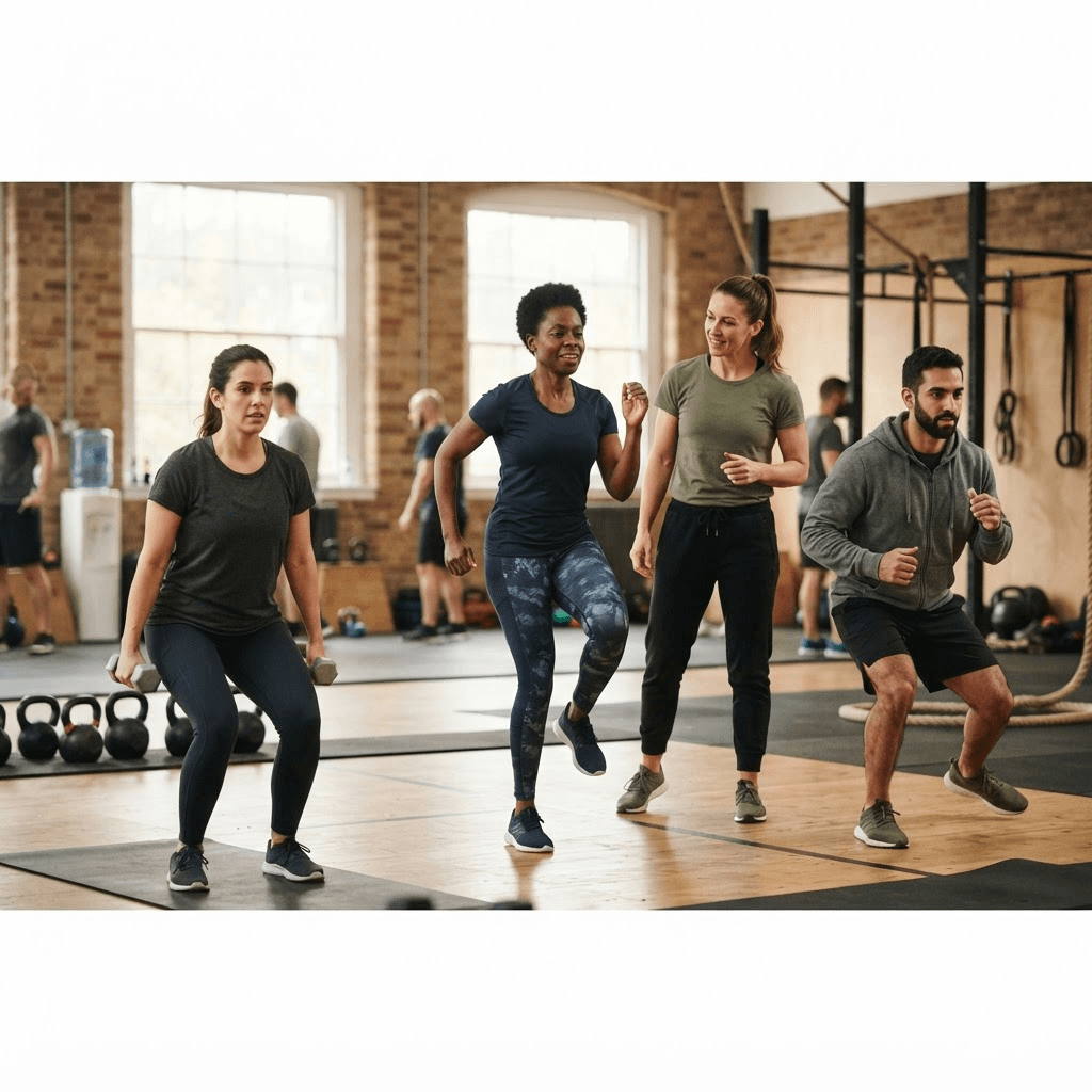 Three adult beginners completing a coached low-impact HIIT workout in a bright community gym