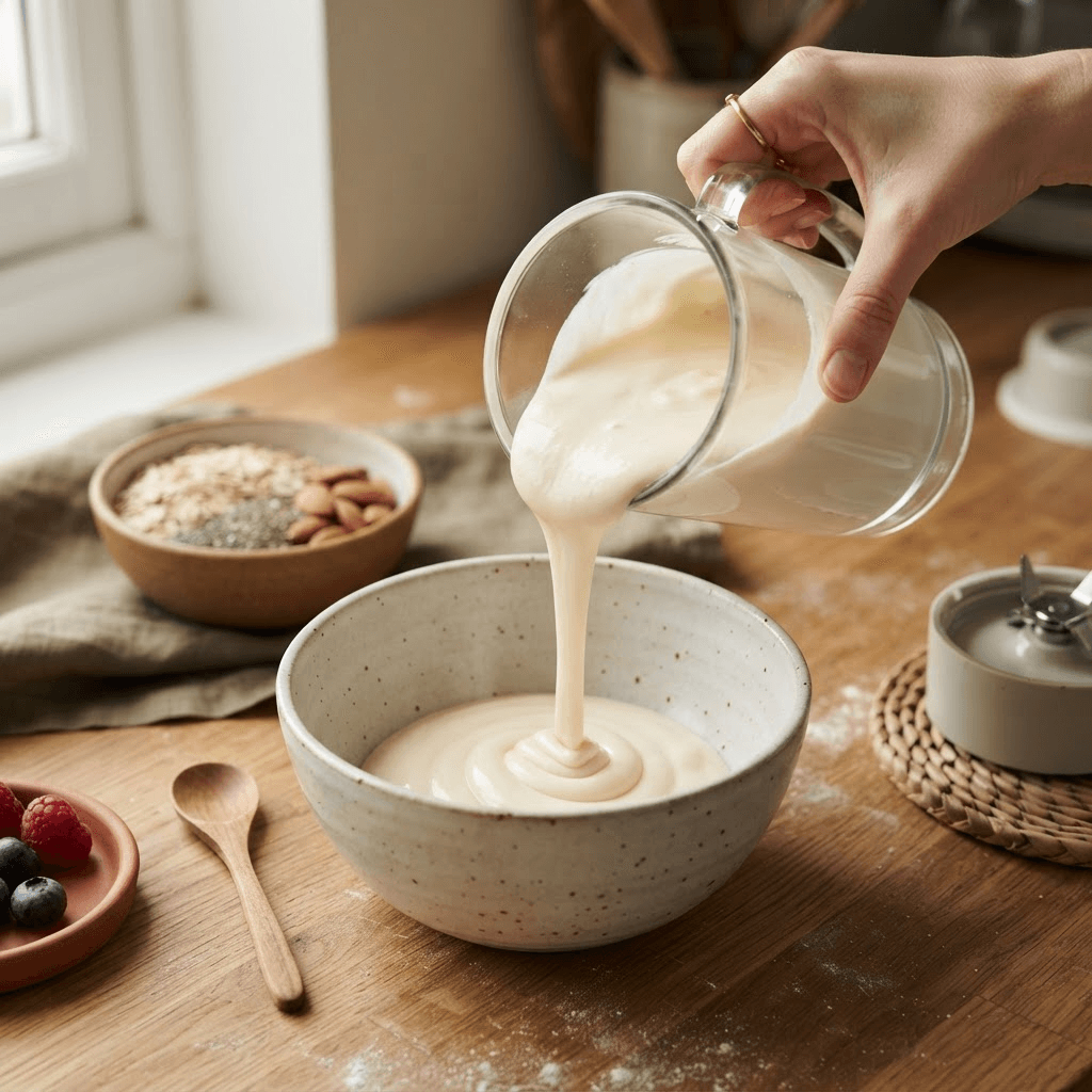 Smooth blended cottage cheese and yogurt base being poured into a ceramic bowl beside rolled oats