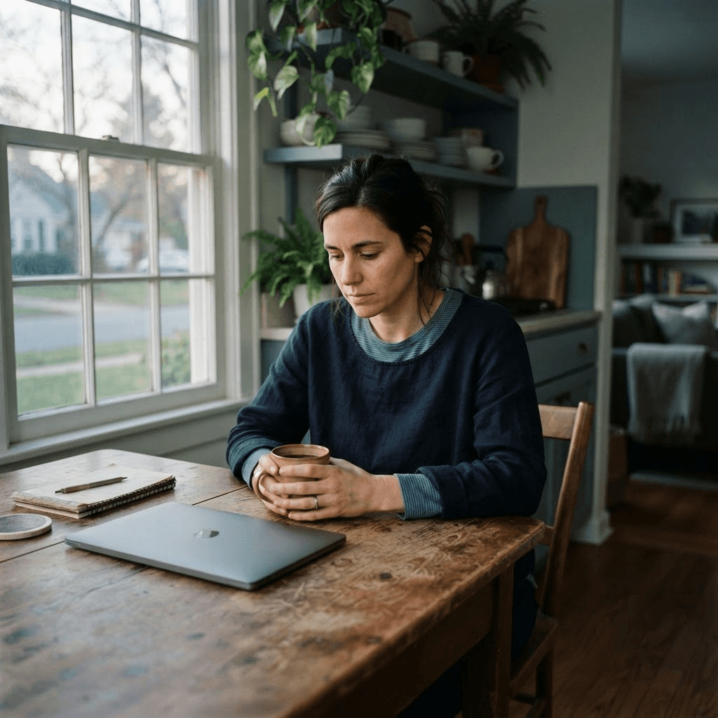 Tired professional pausing beside a closed laptop at a quiet kitchen table in the morning