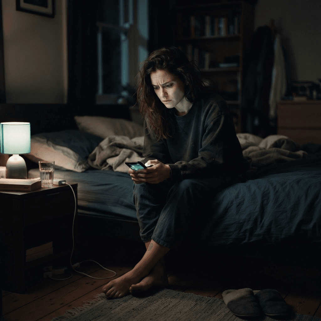 Young woman sitting on the edge of her bed at night looking anxiously at a glowing phone screen
