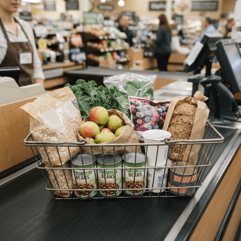 Grocery basket filled with oats, canned beans, apples, leafy greens, frozen berries, whole-grain bread and canned salmon