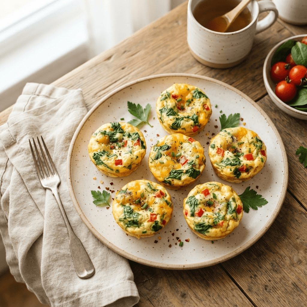 Golden high-protein cottage cheese egg bites flecked with spinach and red pepper arranged on a cream ceramic plate