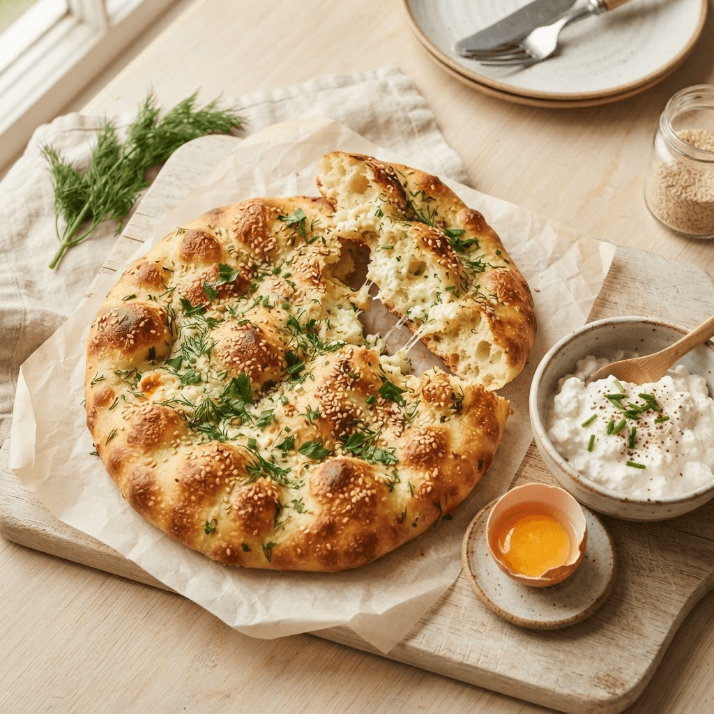 Golden baked cottage cheese flatbread on parchment paper on a wooden board, torn at one corner to show a soft airy interior flecked with herbs and sesame