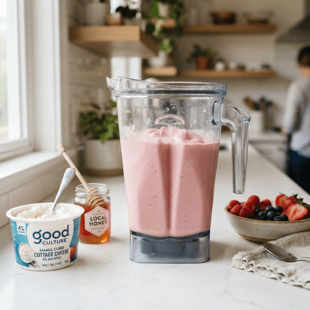 High-speed blender jar filled with perfectly smooth pale pink blended cottage cheese ice cream base with no visible curds