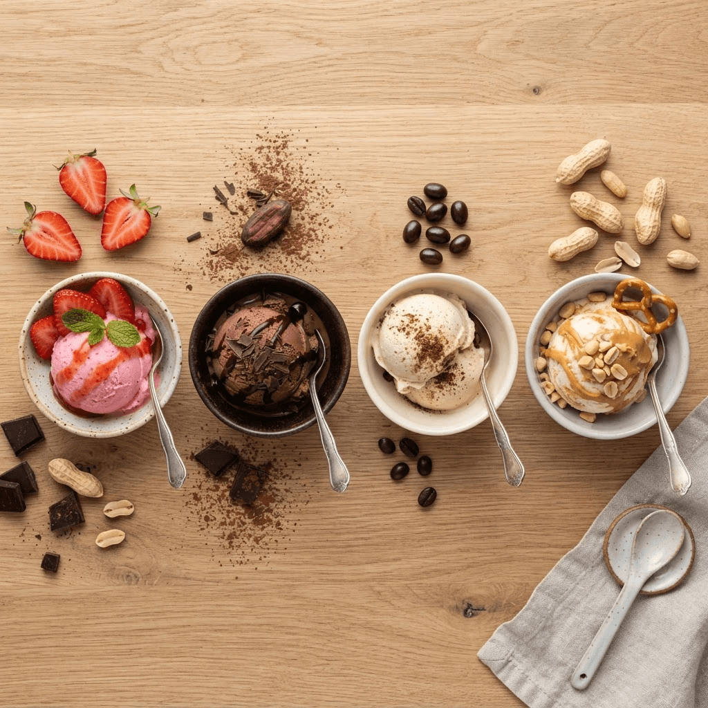 Flat-lay of four bowls of cottage cheese ice cream in strawberry, chocolate, coffee and peanut butter flavors