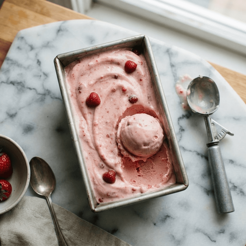 Metal loaf pan of smooth frozen strawberry cottage cheese ice cream with one scoop removed showing dense creamy texture