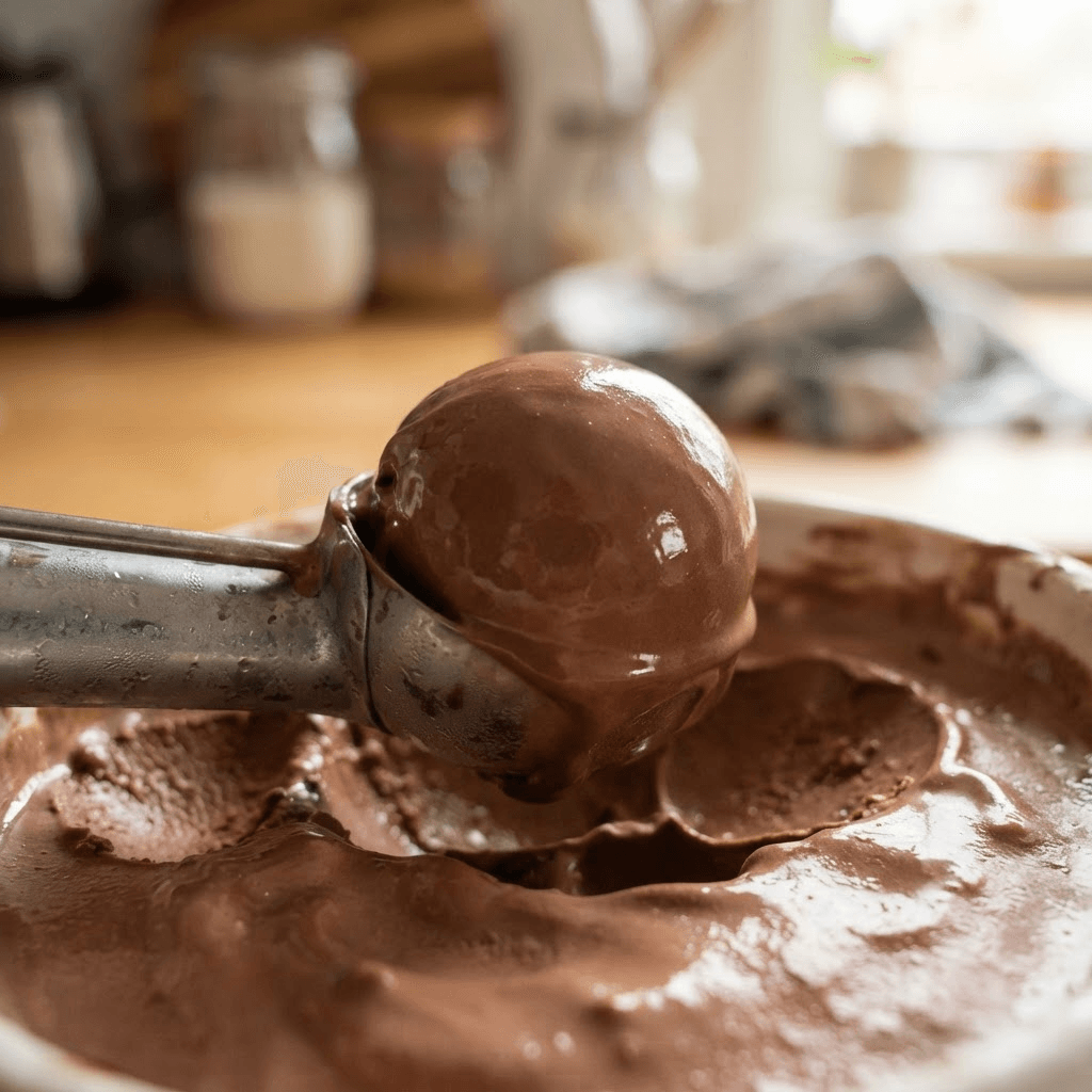 Metal ice cream scoop lifting a smooth creamy ball of chocolate cottage cheese ice cream showing dense soft-serve texture