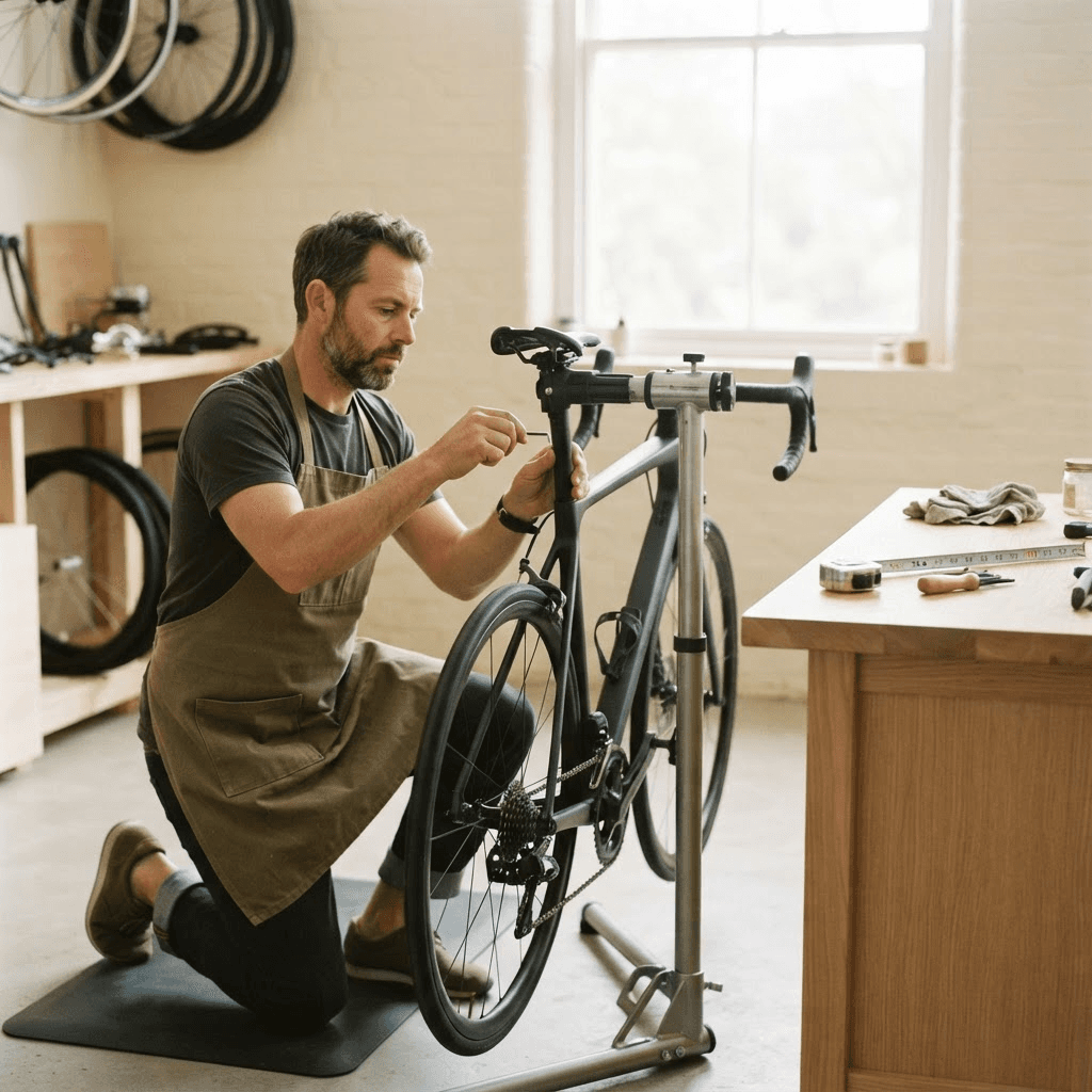 Cycling coach adjusting saddle height on a road bike in a repair stand during a bike fit session