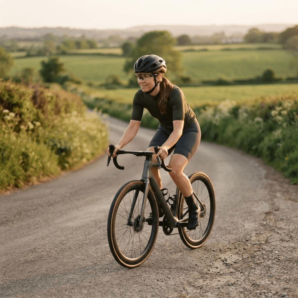 Woman riding a road bike on a quiet country road during an endurance training ride for weight loss