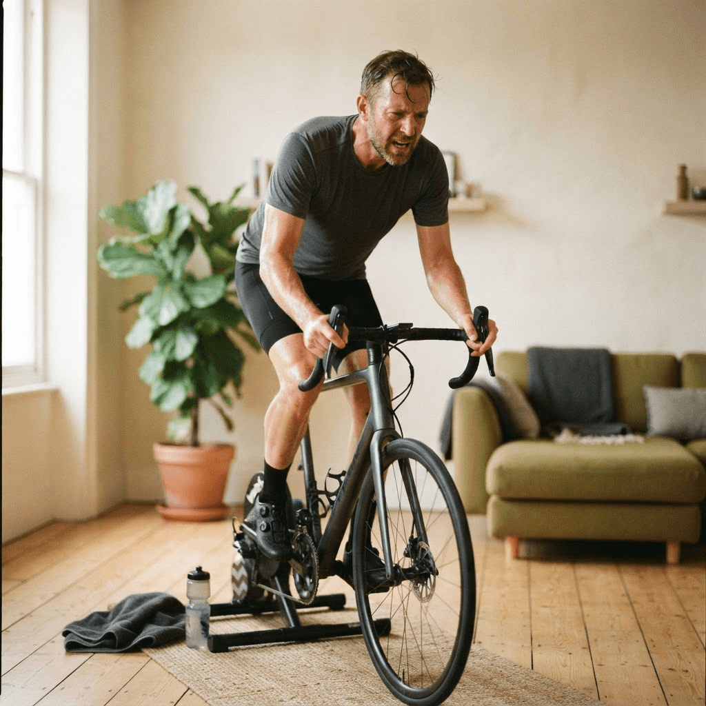 Cyclist performing a hard indoor interval session on a road bike mounted to a turbo trainer at home