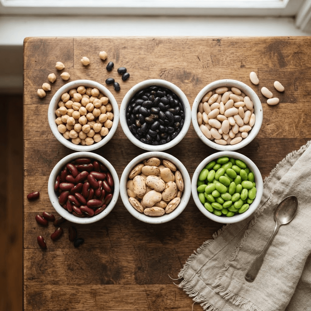Overhead flat lay of six small white bowls each holding a different bean — chickpeas, black beans, cannellini white beans, red kidney beans, butter beans and green edamame — on a warm wooden counter