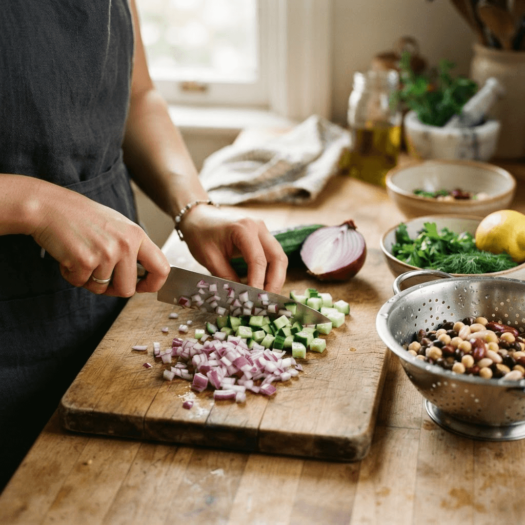 Hands finely dicing red onion and cucumber on a wooden board beside a colander of rinsed mixed beans and fresh herbs