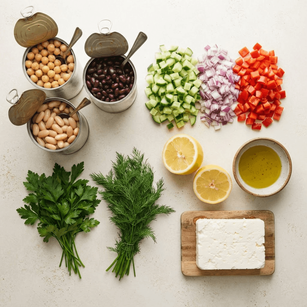 Flat lay of dense bean salad components grouped separately: three cans of beans, diced cucumber, red onion, red pepper, fresh parsley and dill, a halved lemon, olive oil and a block of feta