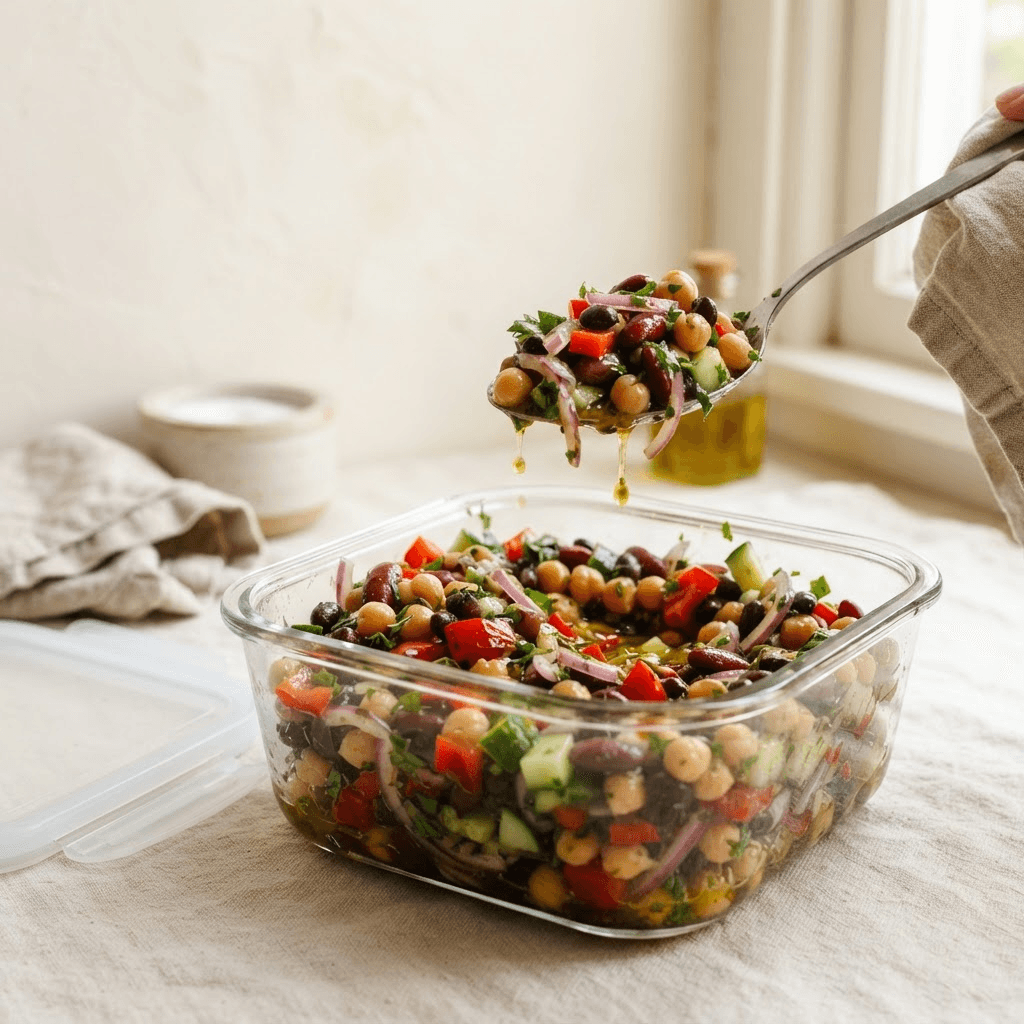 A spoon lifting well-marinated dense bean salad from a glass bowl, the beans and vegetables glistening and deeply coated in lemon and olive oil dressing