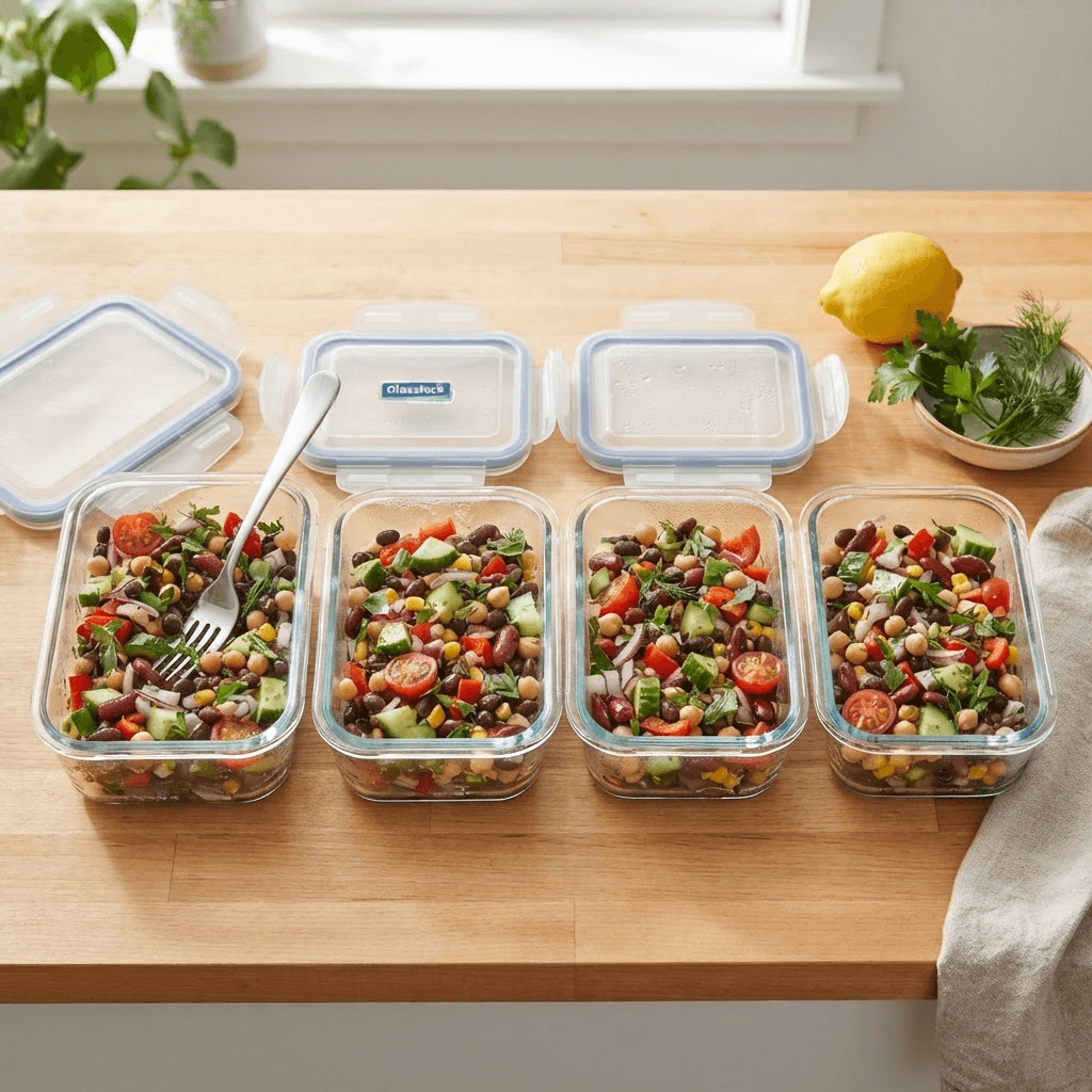 Four glass meal-prep containers filled with dense bean salad in a row on a wooden counter, one open with a fork, lemon and herbs beside them