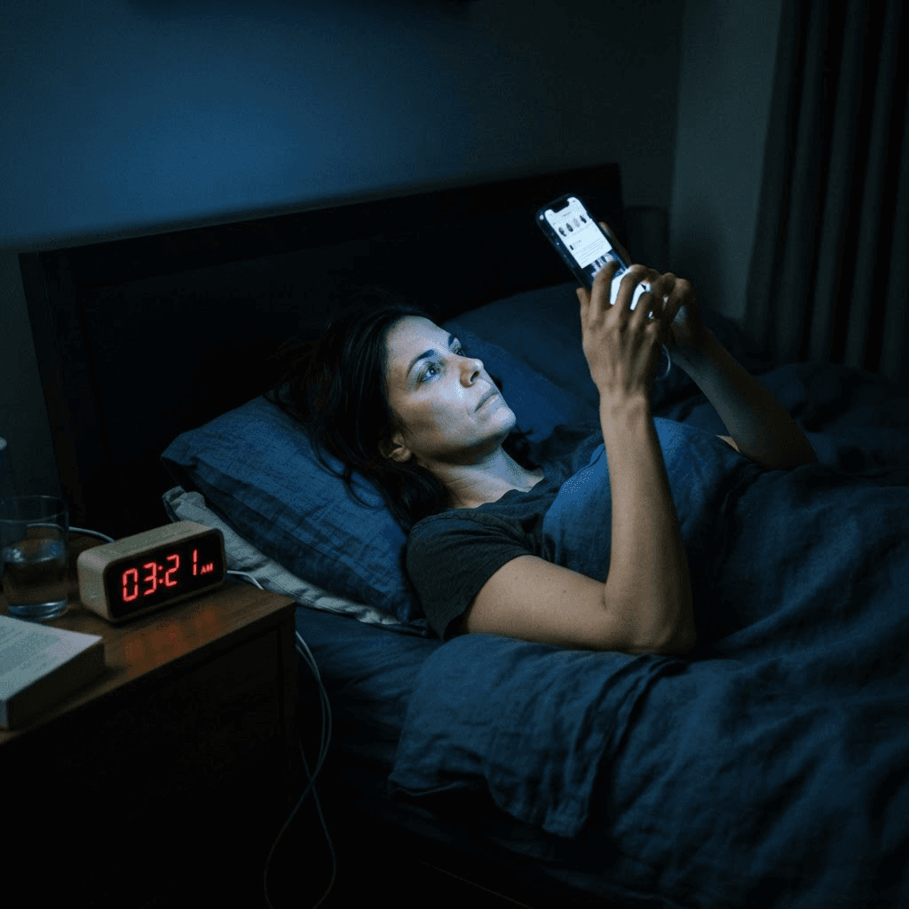 Adult lying in bed at night, face lit by the blue glow of a smartphone screen long after bedtime
