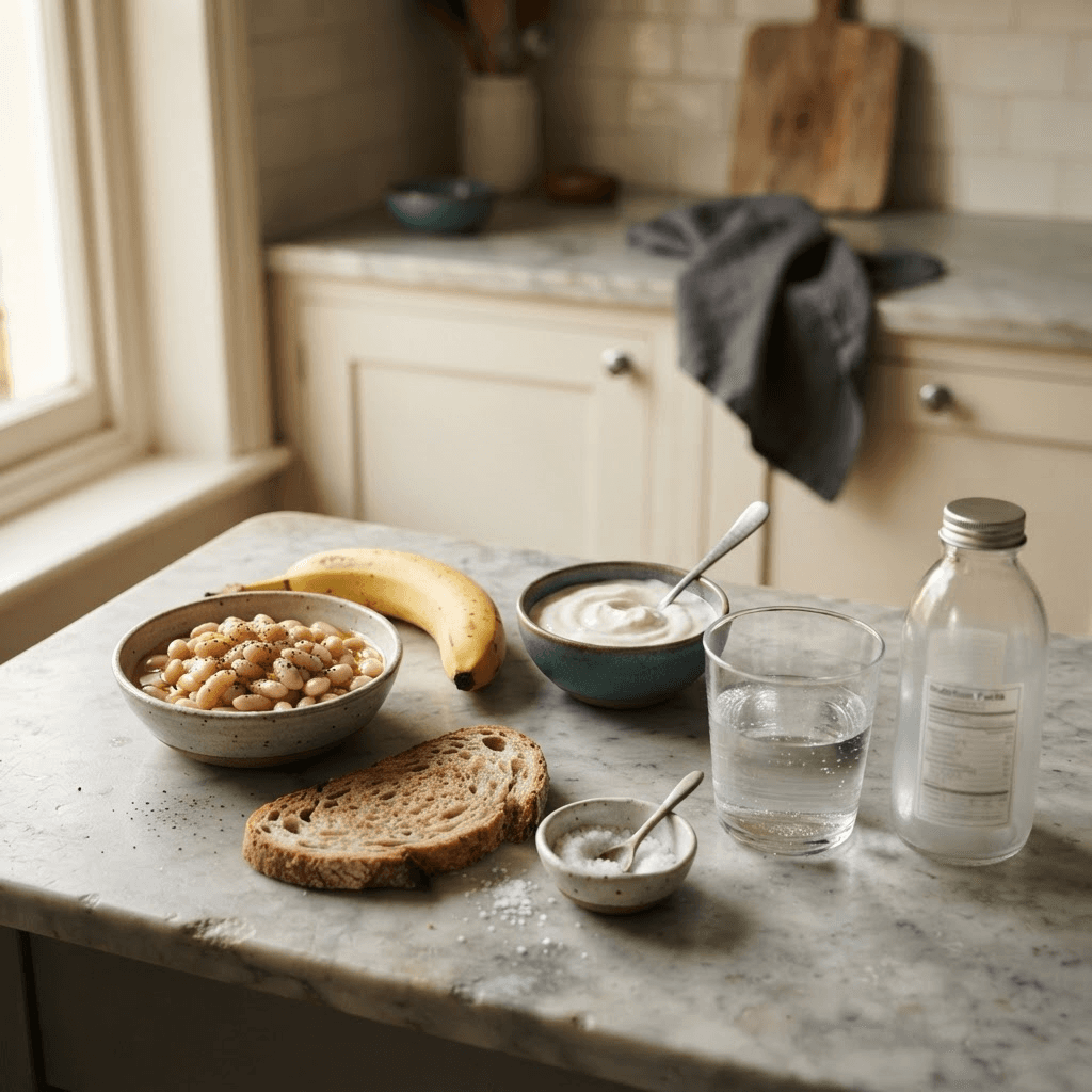 White beans, banana, yogurt, tomato, whole-grain bread, salt and water arranged on a kitchen counter