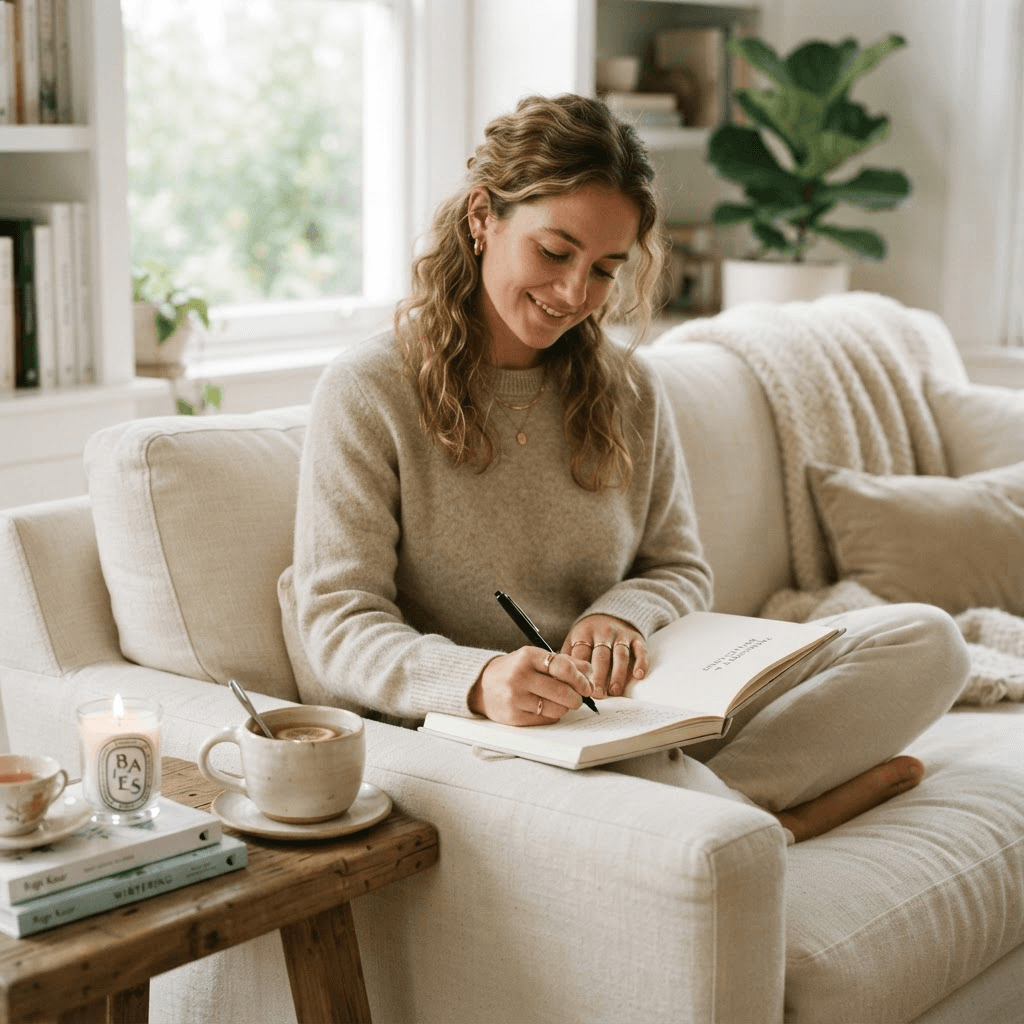 Woman writing in a journal beside a window during a quiet morning at home