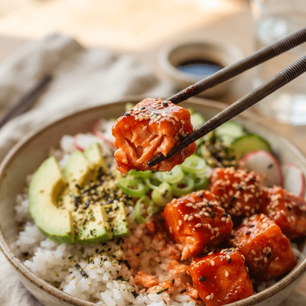 Chopsticks lifting a glossy glazed gochujang salmon cube from a rice bowl, with flaky tender salmon, shiny red sauce, avocado and sesame in the background