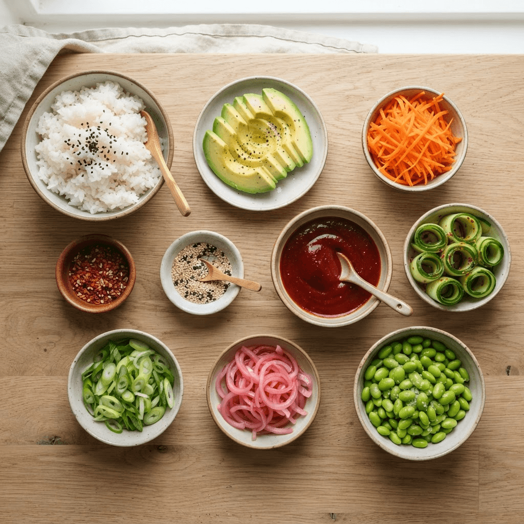 Overhead flat-lay of bowl components in separate dishes: white rice, avocado, shredded carrot, cucumber ribbons, edamame, pickled onion, spring onion, sesame seeds and red gochujang sauce