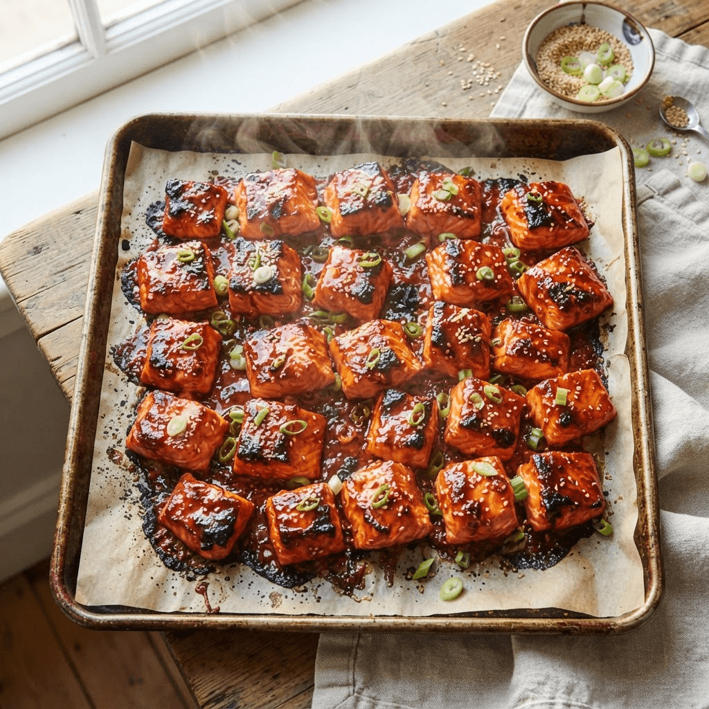 Cubed salmon coated in shiny red gochujang glaze on a parchment-lined tray, caramelized and lightly charred at the edges, fresh from the oven