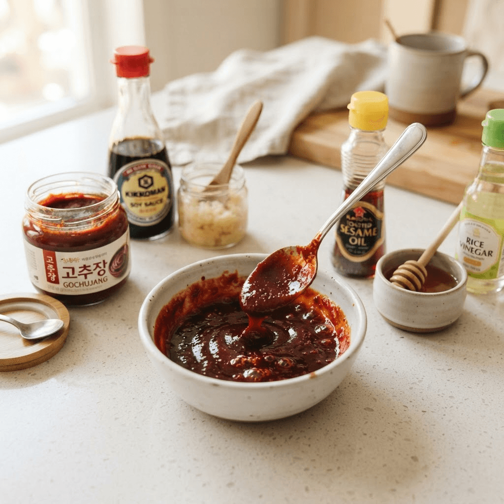 Small white bowl of glossy dark red gochujang glaze being whisked, surrounded by gochujang paste, honey, soy sauce, rice vinegar, garlic and sesame oil