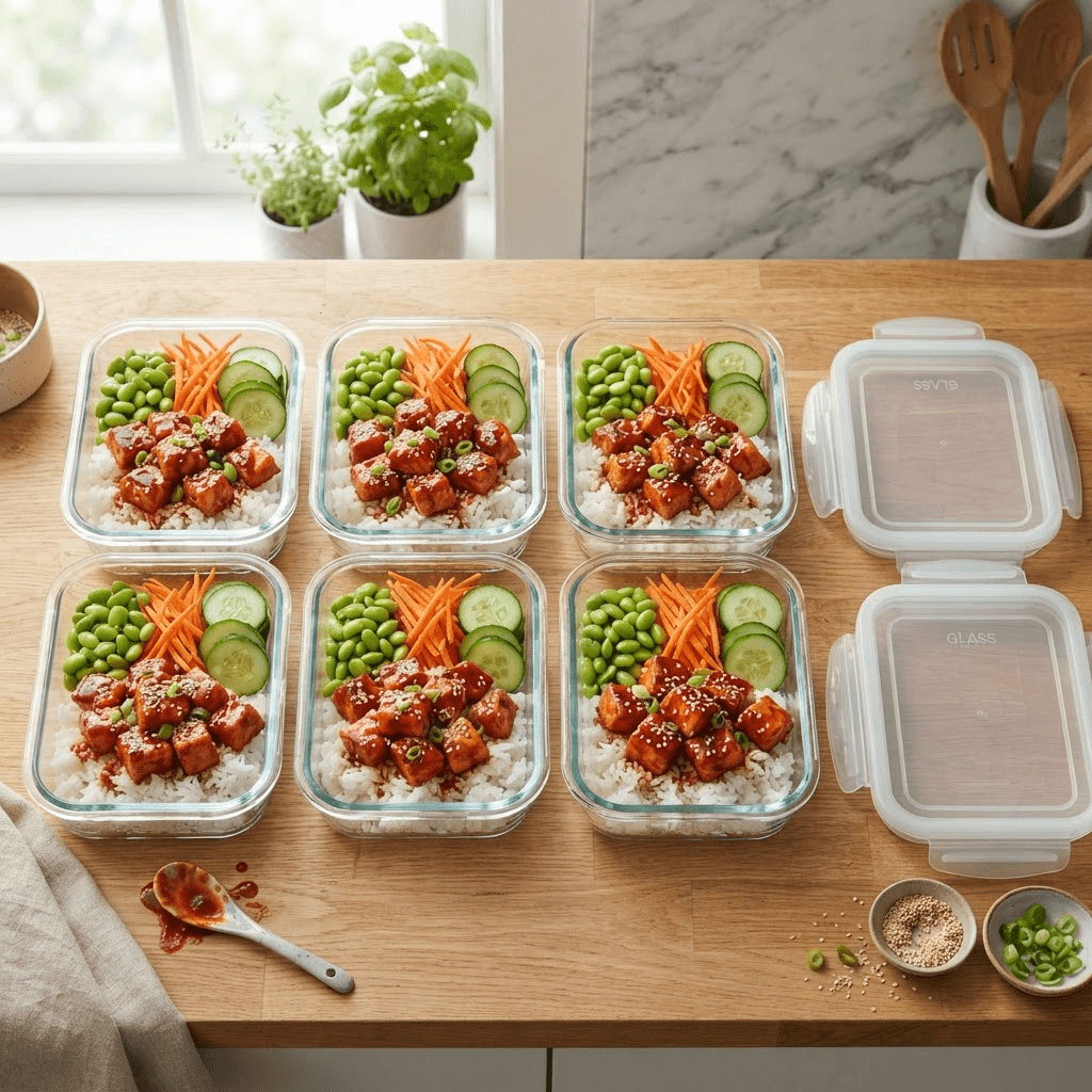 Four glass meal-prep containers filled with gochujang salmon rice bowls with rice, glazed salmon cubes, edamame, shredded carrot and cucumber