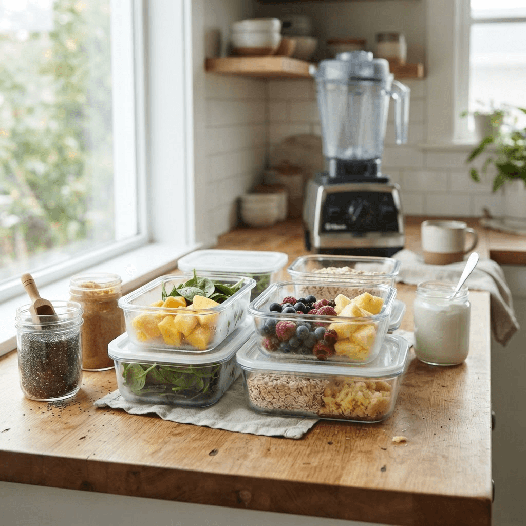 Green smoothie freezer packs with spinach, fruit, oats and ginger beside yogurt, chia seeds and nut butter