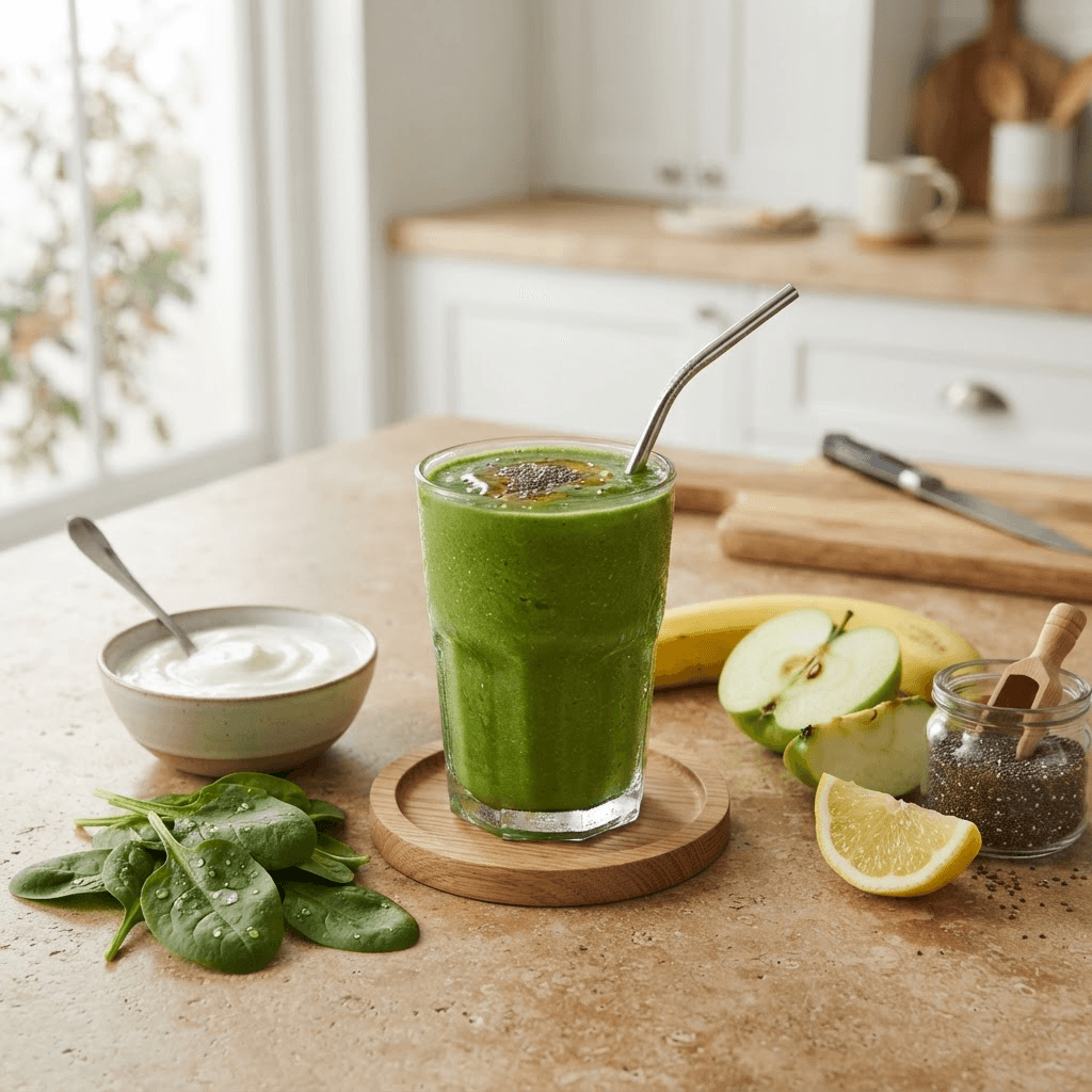 Fresh green smoothie with spinach, banana, apple, chia seeds and Greek yogurt on a kitchen counter
