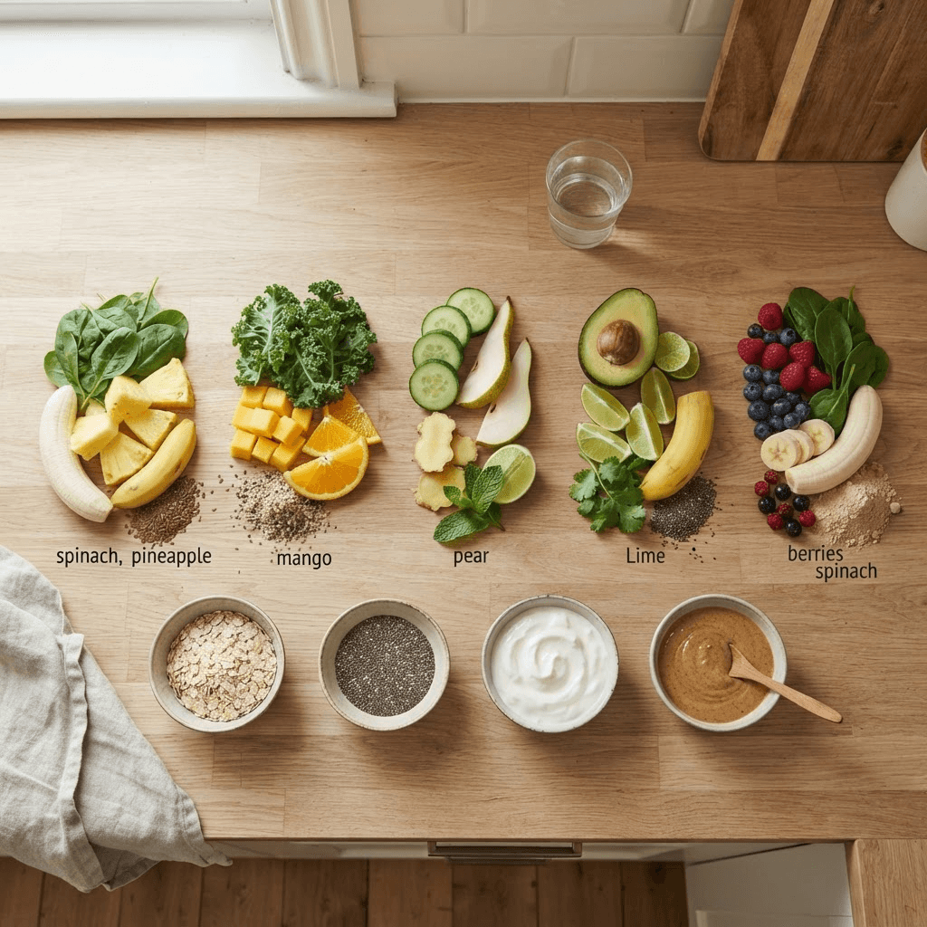 Spinach, kale, fruit, oats, chia, yogurt and nut butter arranged as green smoothie combinations