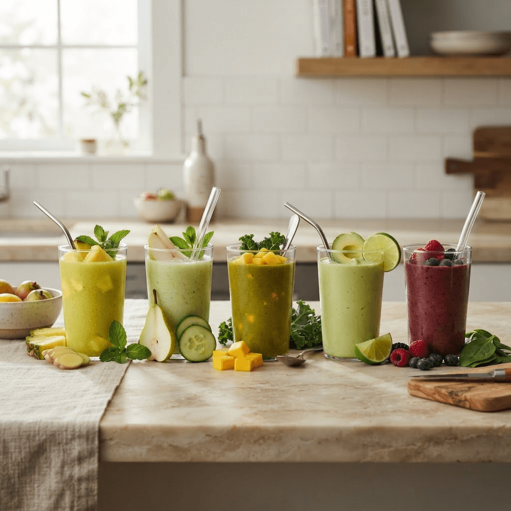 Five green smoothie recipes in clear glasses with pineapple, pear, mango, avocado and berries