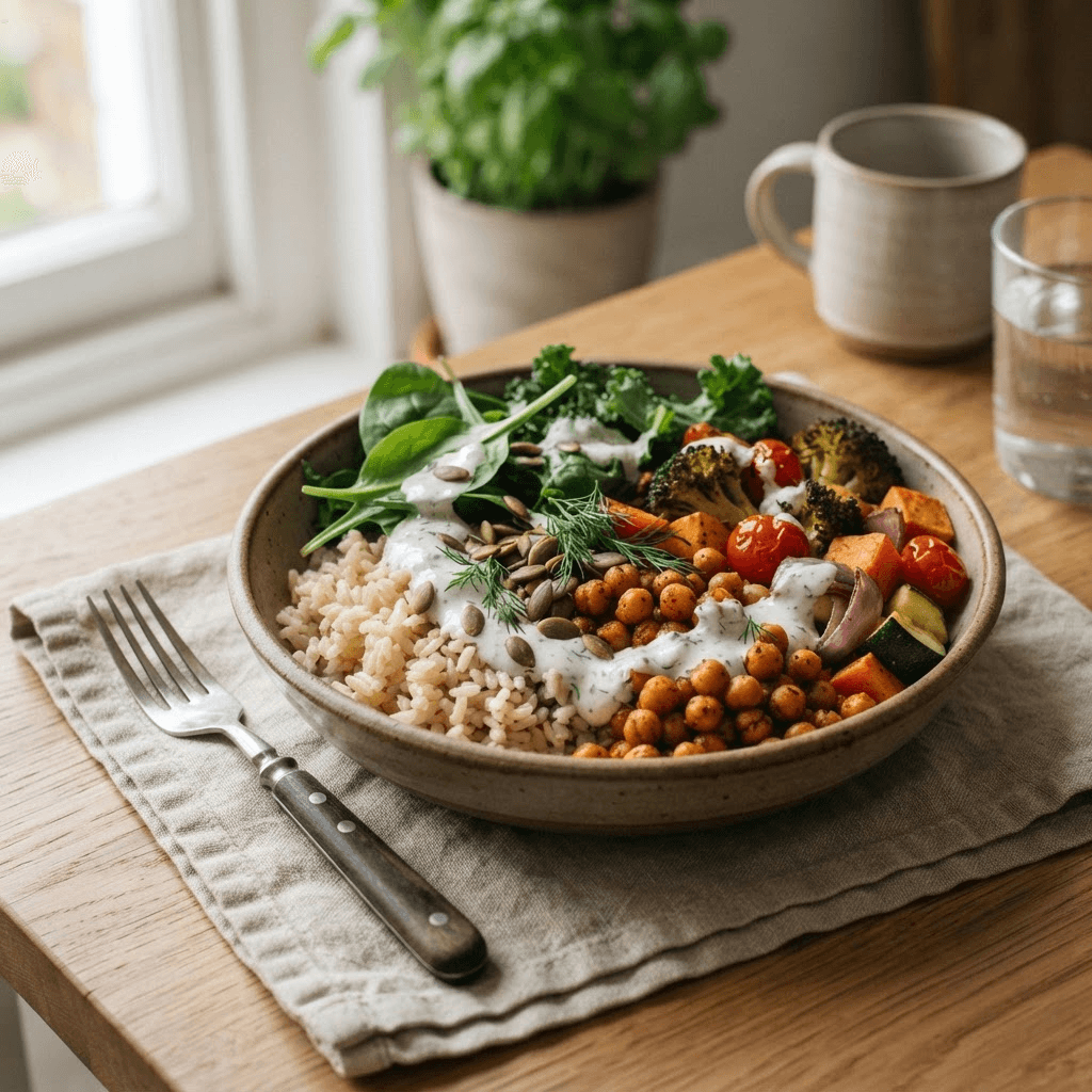 Brown rice bowl with chickpeas, roasted vegetables, greens, yogurt herb sauce and pumpkin seeds