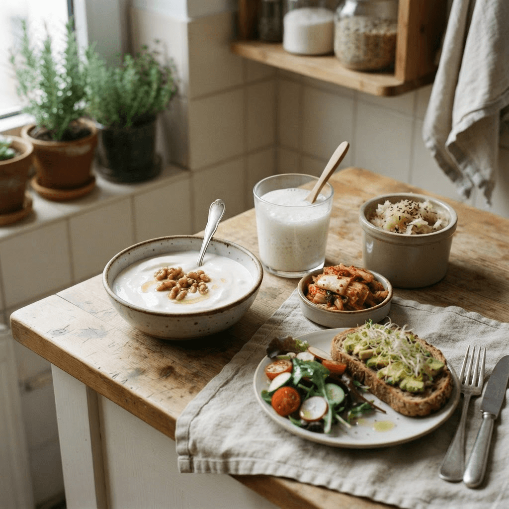 Small servings of yogurt, kefir, sauerkraut and kimchi beside lunch ingredients