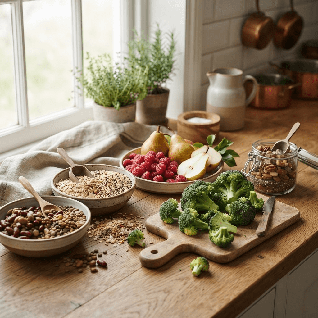 Beans, lentils, oats, pears, berries, broccoli, whole grains, nuts and seeds on a kitchen counter