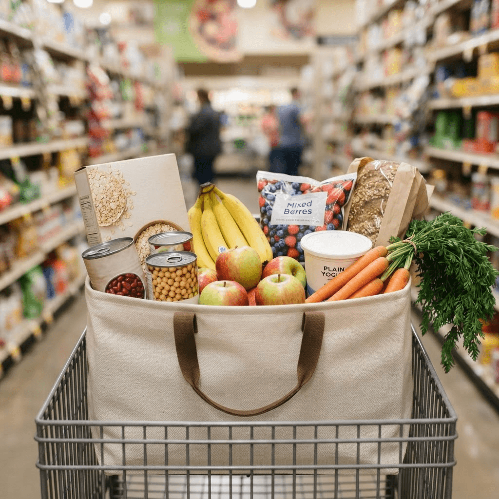 Reusable grocery basket with oats, canned beans, fruit, vegetables, yogurt and whole-grain bread