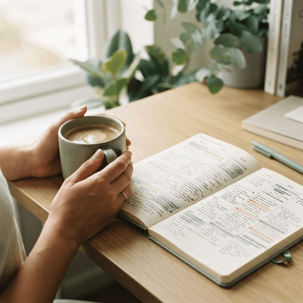 Hands holding a coffee mug beside an open planner densely packed with colour-coded to-do lists on a tidy desk