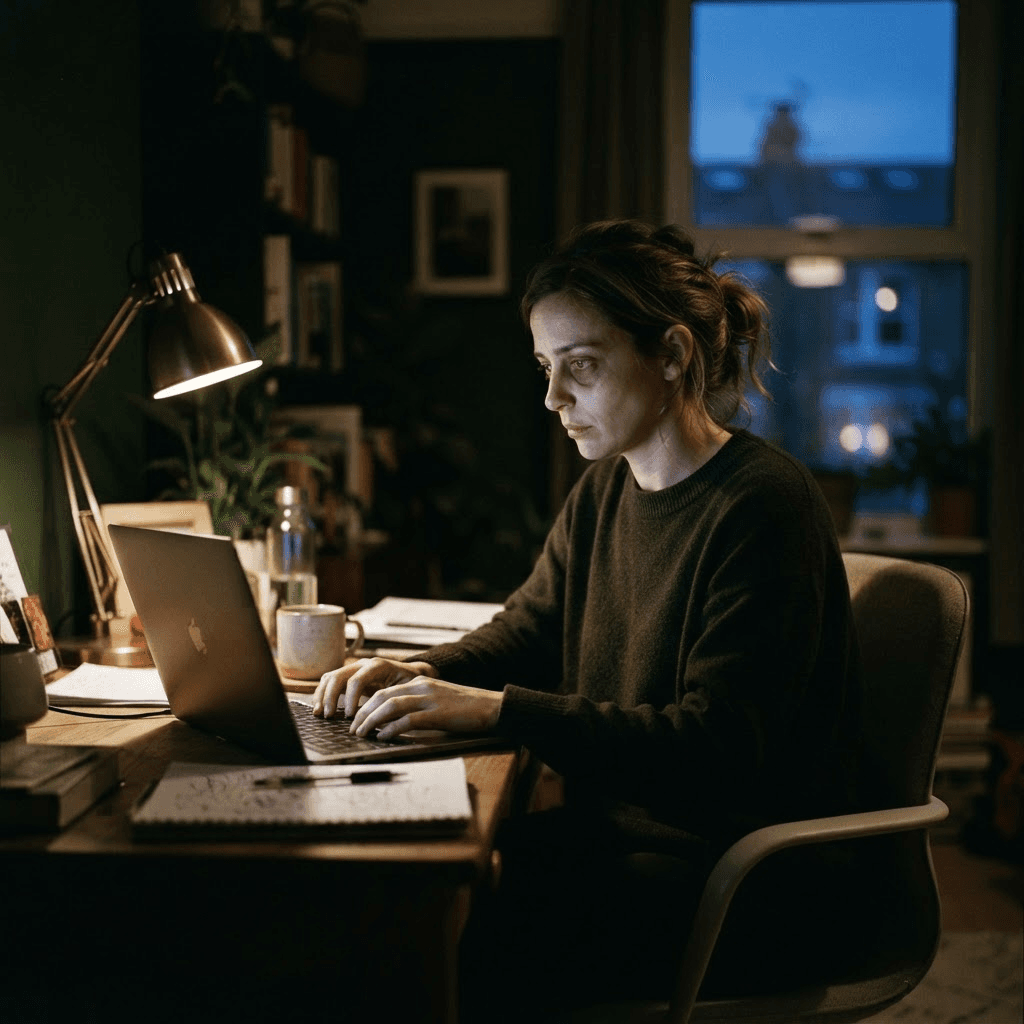 Person working late alone at a laptop in a dim home office lit by the glow of the screen and a single lamp