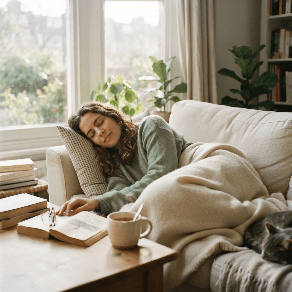 Person resting on a sofa by a sunlit window with a book set aside and a cup of tea, shoulders visibly relaxed