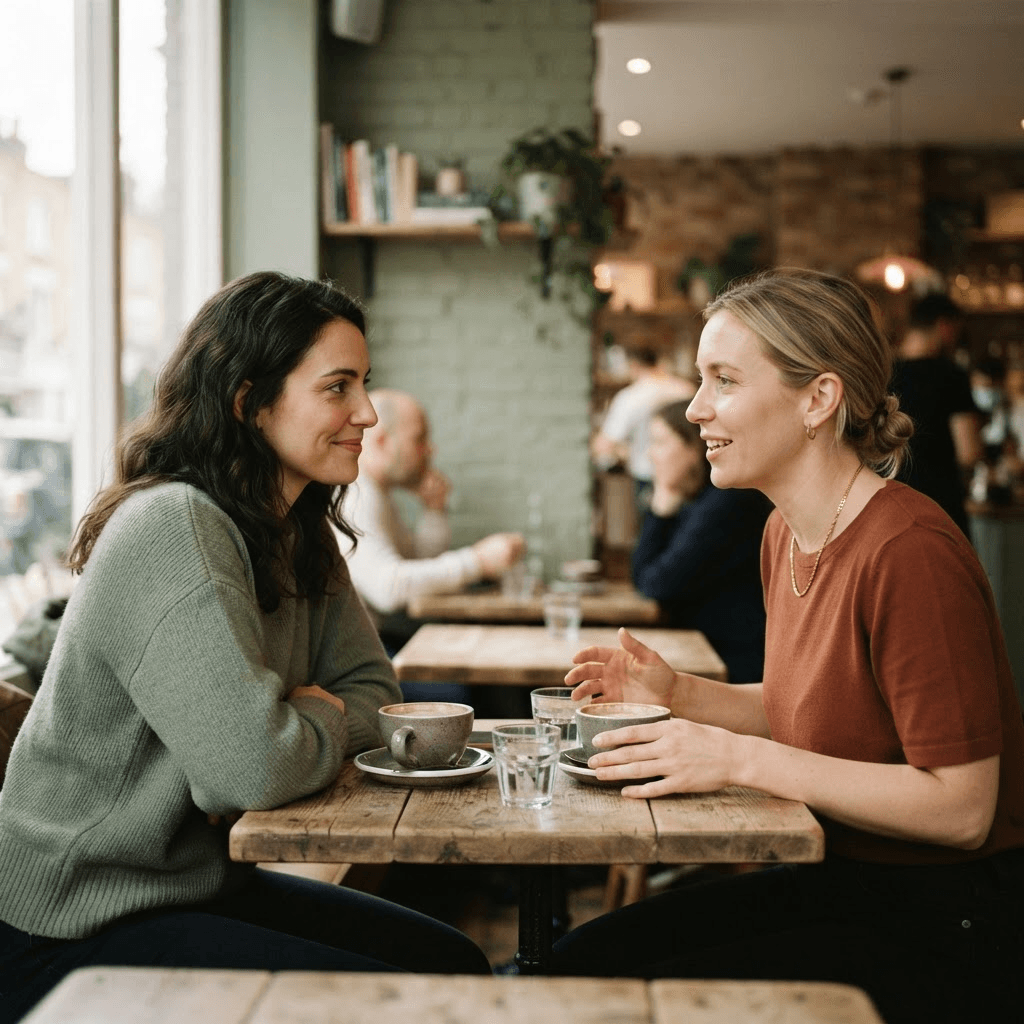 Two people having a calm, honest conversation across a small cafe table with cups of coffee between them
